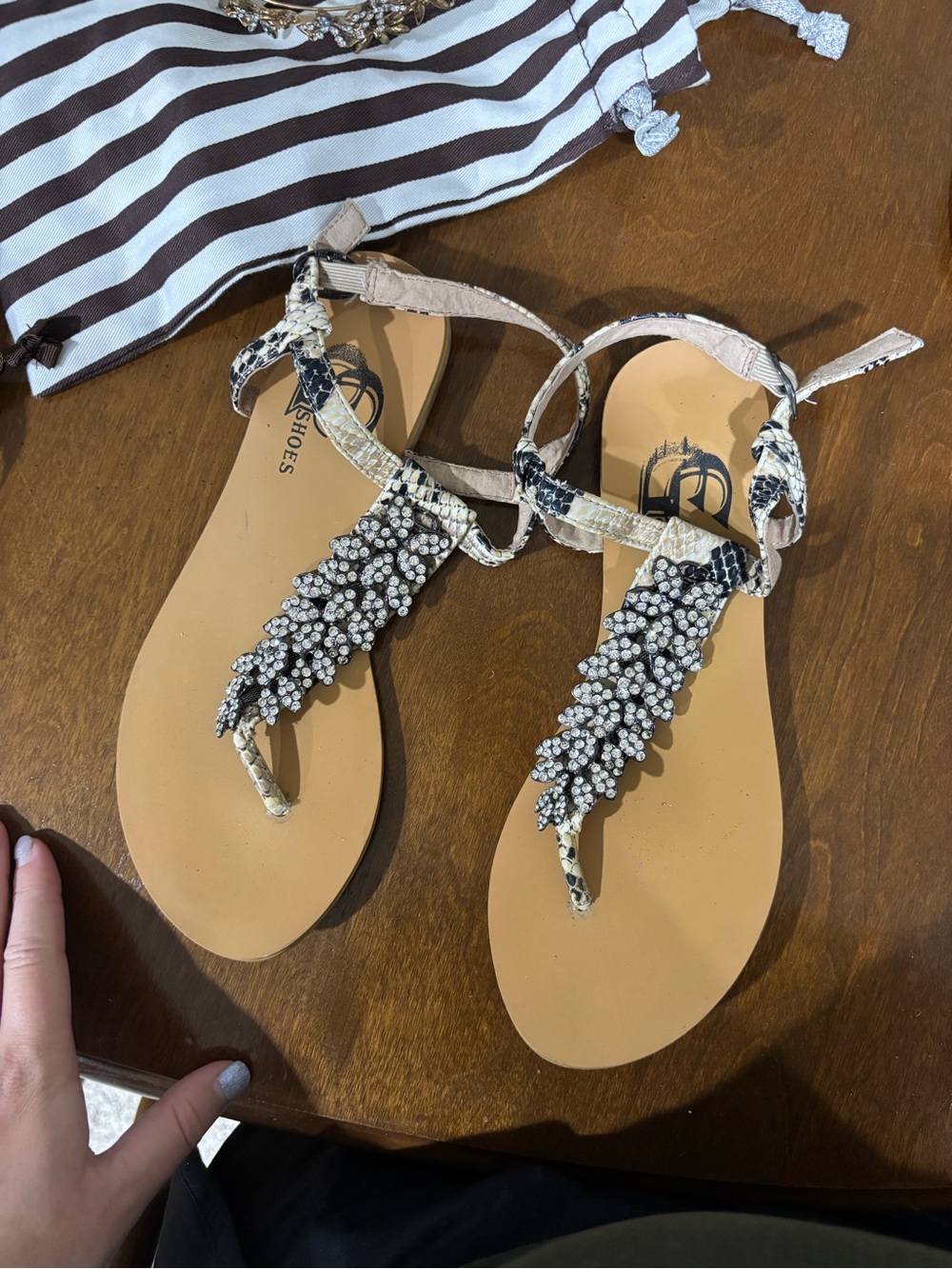 Embellished Snake-Print T-Strap Sandals - Beige